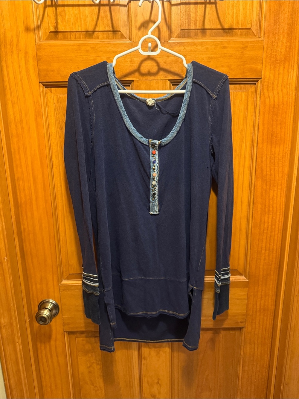 We The Free Navy Long Sleeve Henley with Denim Trim